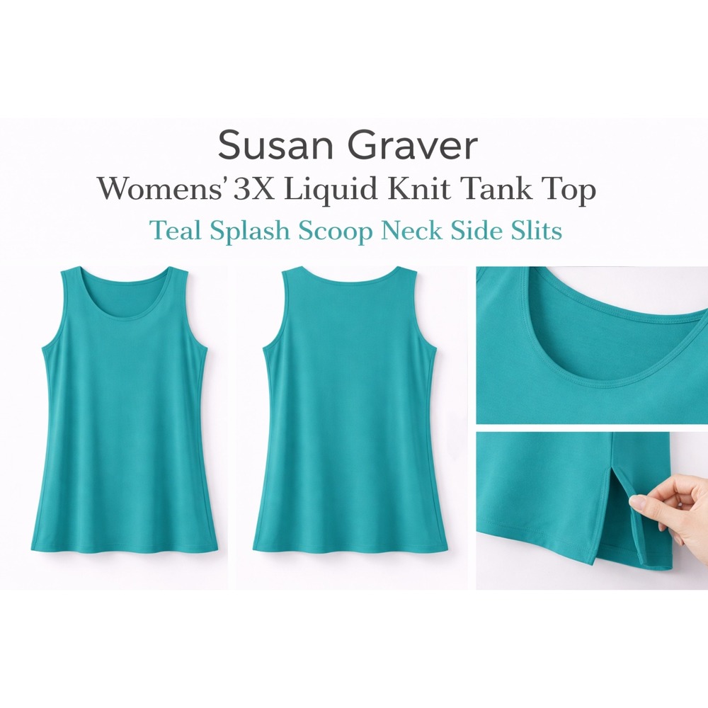 Susan Graver Womens 3X‎ Liquid Knit Tank Top Teal Splash Scoop Neck A231520